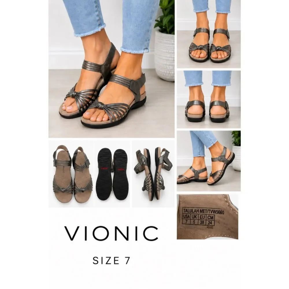 Vionic Women's Leather Ankle Strap Talulah Met Strappy Sandals Silver Size 7